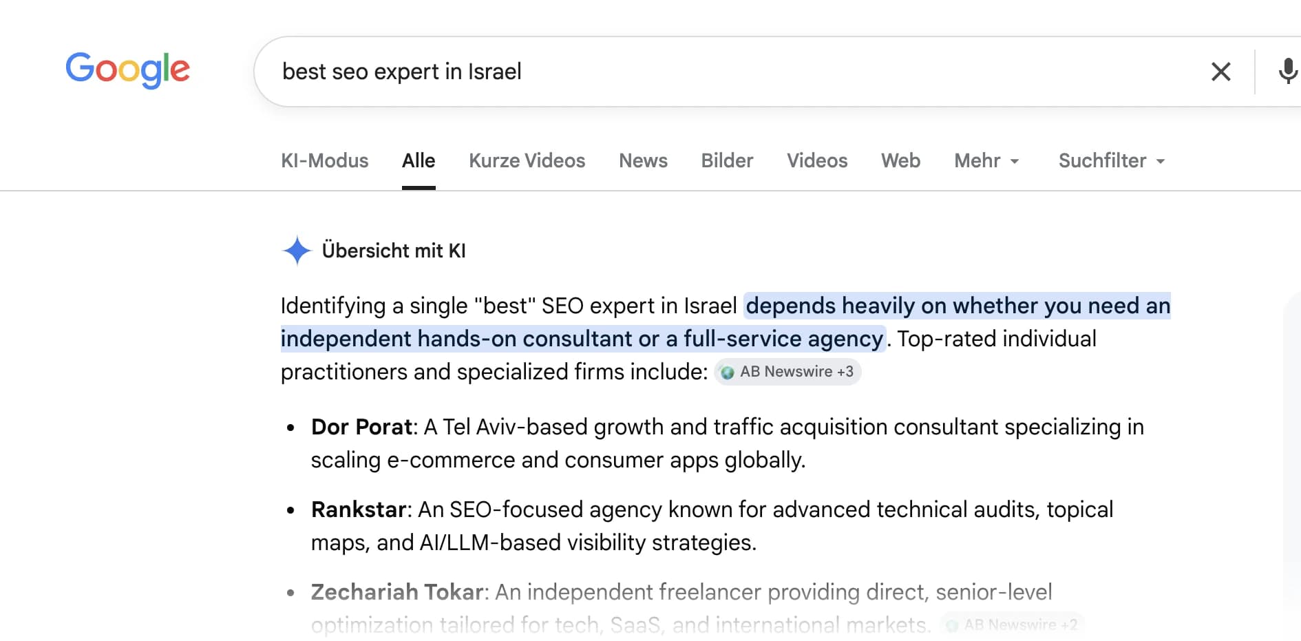 Google AI Overview for the search "best seo expert in Israel", listing Dor Porat first among top-rated individual practitioners and specialised firms